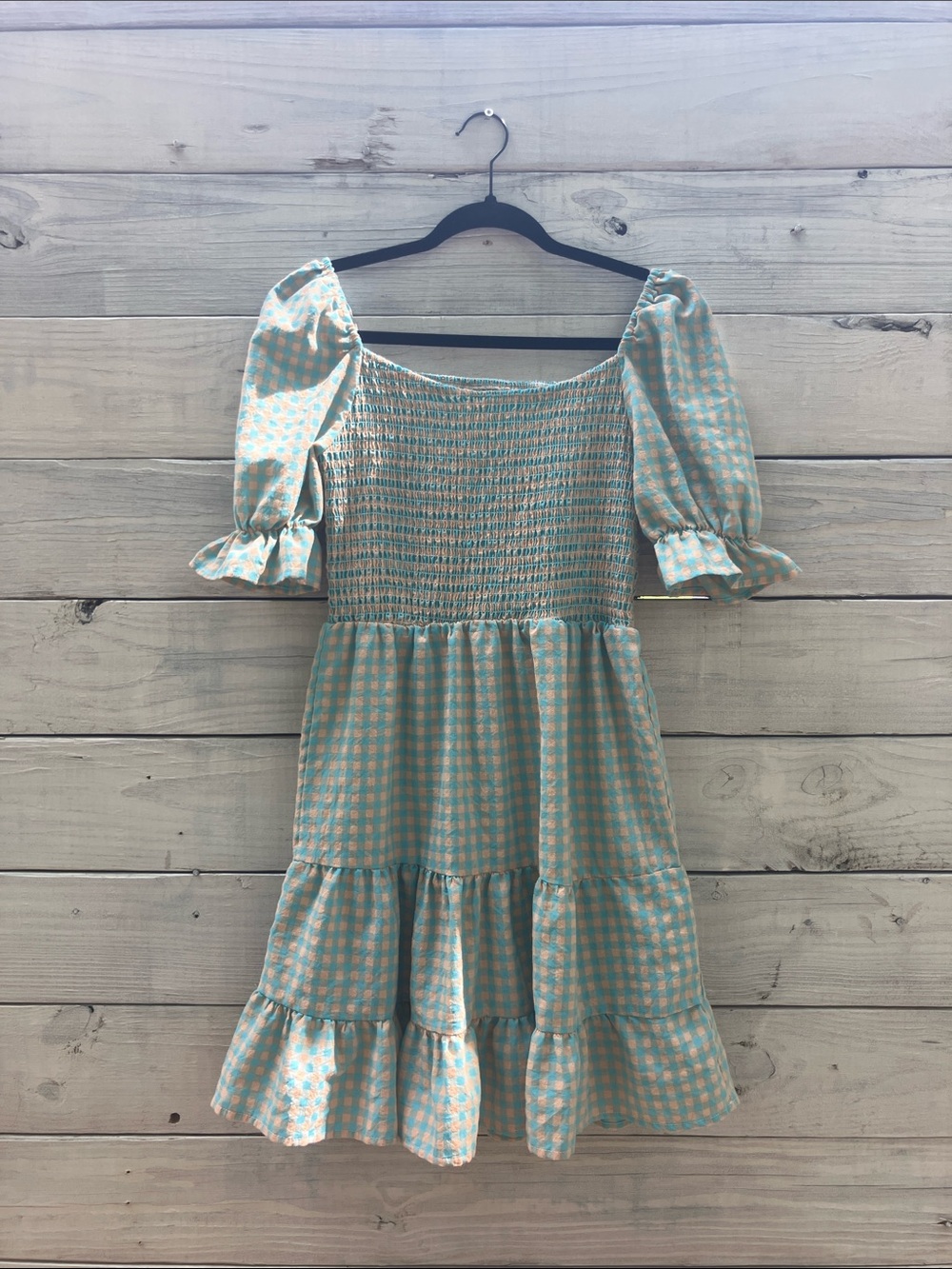 Blue and Tan Gingham Smocked Tiered Minidress with Puff Sleeves Coastal Cowgirl